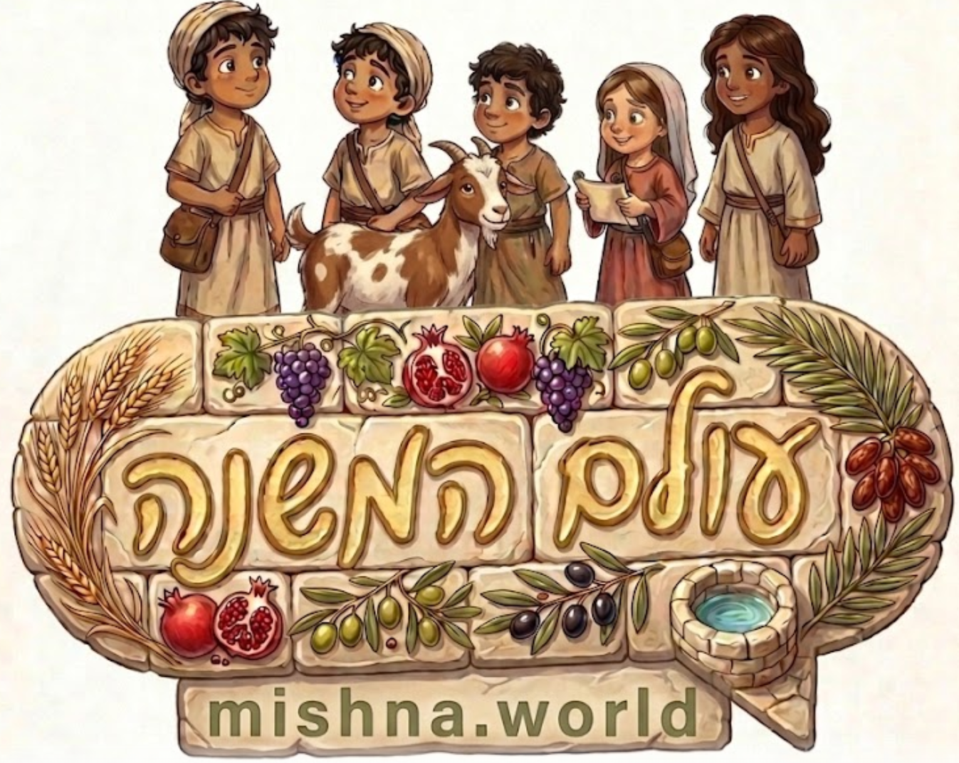 עולם המשנה — ילדים סביב שלט האבן של העלון, mishna.world